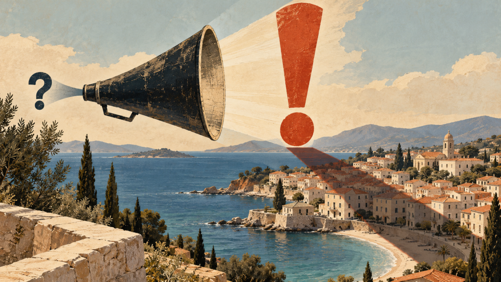 Ένα ερωτηματικό περνά μέσα από τηλεβόα και μετατρέπεται σε μεγάλο θαυμαστικό, που ρίχνει σκιά πάνω σε ήρεμη παραθαλάσσια πόλη.