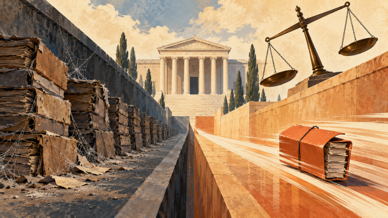 Δύο διαδρομές προς το ίδιο δικαστήριο: σκονισμένοι φάκελοι στη μία και ένας φάκελος που κινείται ταχύτατα στην άλλη, κάτω από μια γερμένη ζυγαριά.